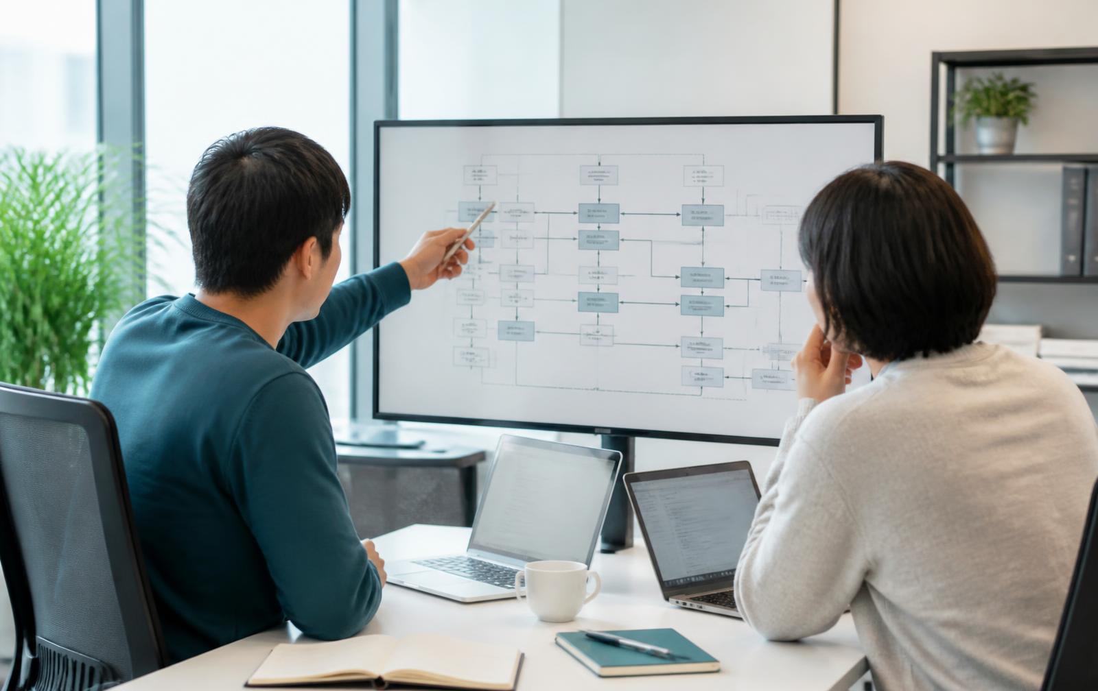 Software engineers reviewing a system architecture together