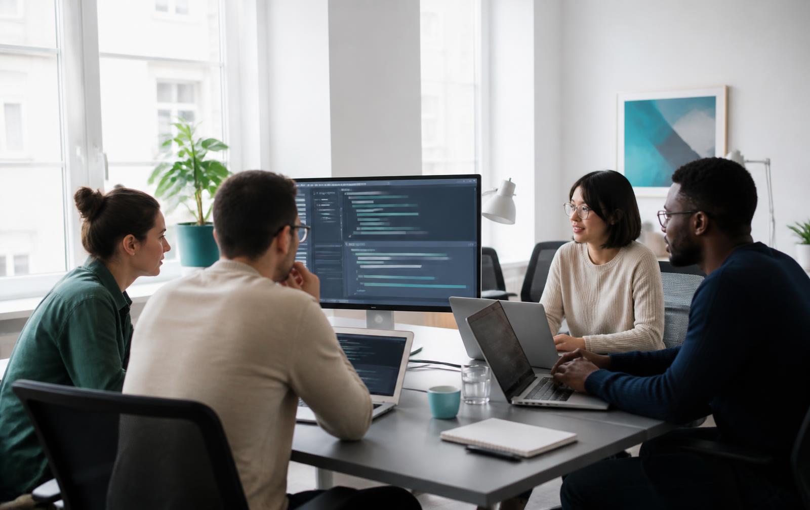 Four software developers collaborating around a desk